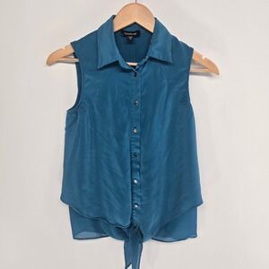 Bebe‎ Silk Blouse Womens XS Teal Blue Sleeveless Tie Front Button Down